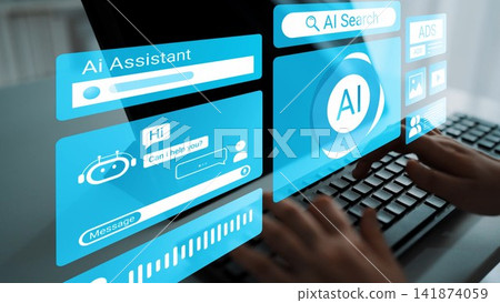 Futuristic Digital Interface Showcasing Virtual AI Assistant Technology for Search Queries and User Interaction on a Laptop Display Gluon Futuristic Digital Interface Showcasing Virtual AI Assistant Technology for Search Queries and User Interaction on a Laptop Display Gluon 141874059