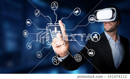 Businessman using virtual reality to enhance online shopping experience with technology and innovation in modern digital commerce setting. Raster Businessman using virtual reality to enhance online shopping experience with technology and innovation in modern digital commerce setting. Raster 141874112