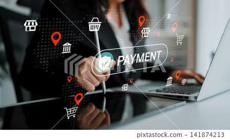 Professional Businesswoman Managing Digital Payment Process on Laptop with Location Markers and Shopping Icons in Modern Office Setup Gluon 141874213