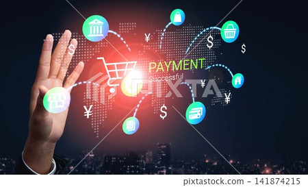 Digital Payment Concept with Successful Transaction Visualization, Shopping Cart and Financial Symbols on a Dark Background in Urban Setting Gluon 141874215