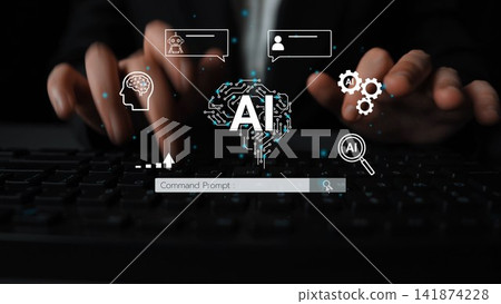 Hands Typing on Keyboard with AI Brain and Digital Icons Representing Technology, Communication, and Machine Learning Concepts. Entropy Hands Typing on Keyboard with AI Brain and Digital Icons Representing Technology, Communication, and Machine Learning Concepts. Entropy 141874228
