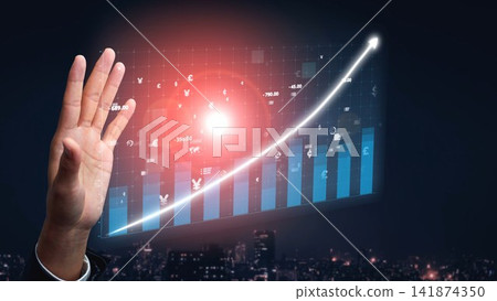 Hand Reaching Out Towards Rising Graph with Currency Symbols Representing Financial Success and Growth in a Night Cityscape Background Copula Hand Reaching Out Towards Rising Graph with Currency Symbols Representing Financial Success and Growth in a Night Cityscape Background Copula 141874350