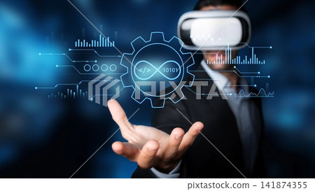 Businessman in Virtual Reality Headset Interacting with Digital Interfaces and Data Visualization in Futuristic Environment. Entropy Businessman in Virtual Reality Headset Interacting with Digital Interfaces and Data Visualization in Futuristic Environment. Entropy 141874355