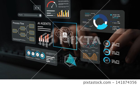 Futuristic Digital Interface Featuring AI Agents, Data Analysis, Graphs, and Process Flow in a High-Tech Environment with Hands Typing on Keyboard Gluon Futuristic Digital Interface Featuring AI Agents, Data Analysis, Graphs, and Process Flow in a High-Tech Environment with Hands Typing on Keyboard Gluon 141874356