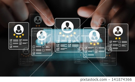 Digital Technology Concept Showing User Profiles, Reviews, Ratings, and Feedback with Hands Interacting with Transparent Interface on Mobile Device Gluon 141874366