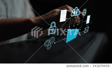 Digital Technology and Data Management Concept with Icons Representing Cloud Computing, Security, and Communication Interactions in a Modern Workspace. Entropy Digital Technology and Data Management Concept with Icons Representing Cloud Computing, Security, and Communication Interactions in a Modern Workspace. Entropy 141874439