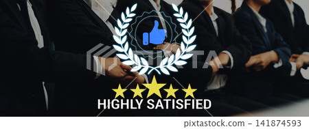 Business Meeting Highlighting Highly Satisfied Clients with Thumbs Up Icon and Decorative Laurel Wreath in Professional Setting. Sentient 141874593