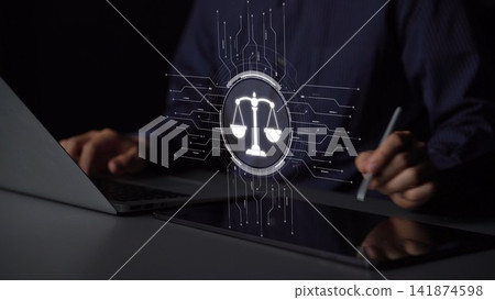 Digital law interface displaying justice scale, highlighting digital law Muxer Digital law interface displaying justice scale, highlighting digital law Muxer 141874598