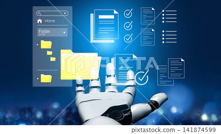 Futuristic robot hand interacting with digital files and folders, showcasing advanced technology and automation in data management systems Gluon Futuristic robot hand interacting with digital files and folders, showcasing advanced technology and automation in data management systems Gluon 141874599