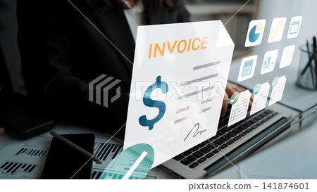 Professional Work Environment with Digital Invoice Display and Business Icons on Laptop for Financial Management and Accounting Tasks Gluon Professional Work Environment with Digital Invoice Display and Business Icons on Laptop for Financial Management and Accounting Tasks Gluon 141874601