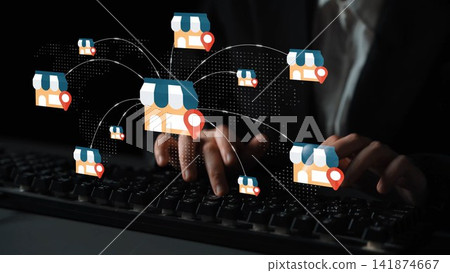 Online Business Management Concept with Small Store Icons and Location Pins Connected to a Keyboard for Digital Marketing and E-commerce Visualization Gluon 141874667