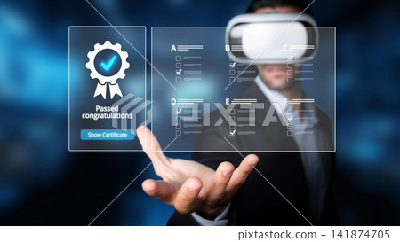 Business professional using virtual reality technology to celebrate accomplishment and display certification with interactive digital interface, achievement concept. Raster Business professional using virtual reality technology to celebrate accomplishment and display certification with interactive digital interface, achievement concept. Raster 141874705