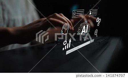 Hands typing on keyboard with digital icons representing artificial intelligence and technology concepts, showcasing modern innovations and communication methods. Entropy Hands typing on keyboard with digital icons representing artificial intelligence and technology concepts, showcasing modern innovations and communication methods. Entropy 141874707