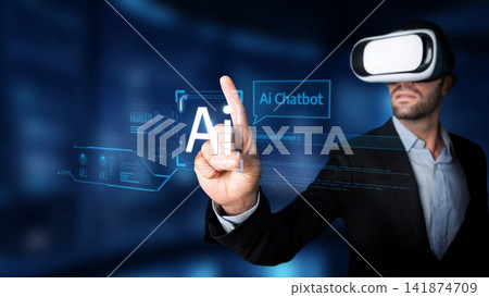 Businessman Engaging with Virtual Reality Technology and AI Chatbot Interface in Futuristic Digital Environment for Innovation and Collaboration. Raster Businessman Engaging with Virtual Reality Technology and AI Chatbot Interface in Futuristic Digital Environment for Innovation and Collaboration. Raster 141874709