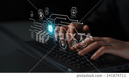 Hands on Keyboard with AI Technology Interface Displaying Digital Transformation and Innovation Concepts in a Dark Environment Gluon Hands on Keyboard with AI Technology Interface Displaying Digital Transformation and Innovation Concepts in a Dark Environment Gluon 141874711
