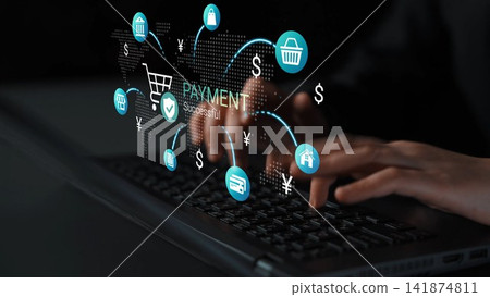 Digital payment security concept with online shopping, credit card transactions, and global connections represented on a laptop screen. Gluon Digital payment security concept with online shopping, credit card transactions, and global connections represented on a laptop screen. Gluon 141874811