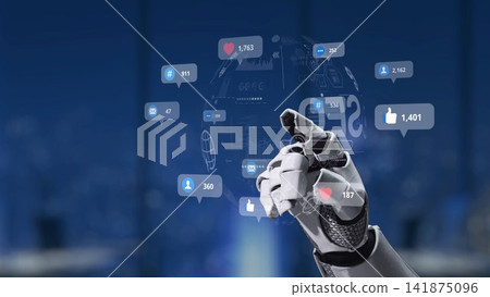 Futuristic Robot Hand Interacting with Digital Interfaces and Social Media Icons in a Modern Urban Environment Synapse Futuristic Robot Hand Interacting with Digital Interfaces and Social Media Icons in a Modern Urban Environment Synapse 141875096