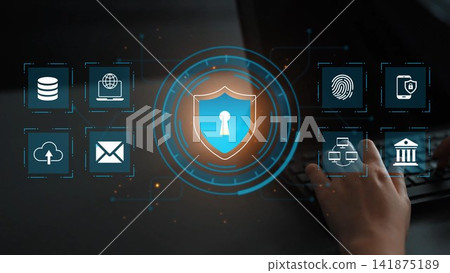 Digital Security Concept with Shield, Lock, and Cyber Icons Depicting Data Protection and Online Privacy in Modern Technology Environment Gluon 141875189