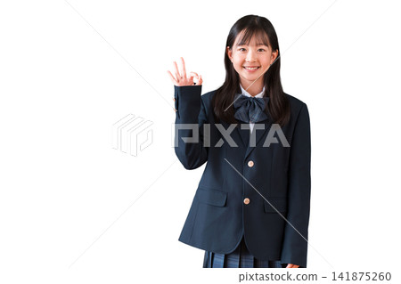 Female elementary, middle, and high school students in uniform giving an OK sign. Female elementary, middle, and high school students in uniform giving an OK sign. 141875260