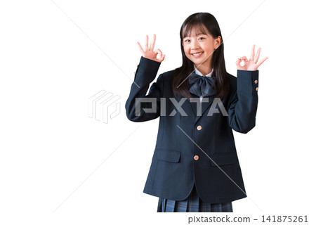 Female elementary, middle, and high school students in uniform giving an OK sign. Female elementary, middle, and high school students in uniform giving an OK sign. 141875261