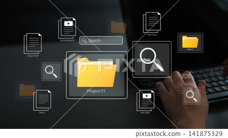 Digital workspace concept showcasing file organization, project management, and productivity tools with visual elements representing various documents and media Gluon Digital workspace concept showcasing file organization, project management, and productivity tools with visual elements representing various documents and media Gluon 141875329