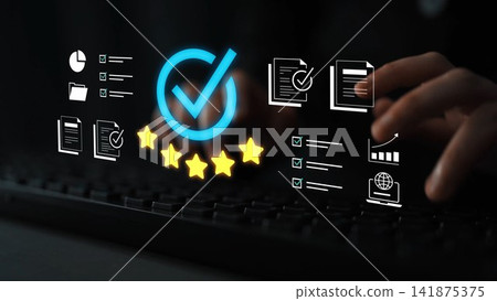 Hands on keyboard with digital checkmark and icons representing quality, efficiency, feedback, documents, and performance management for a business setting Gluon Hands on keyboard with digital checkmark and icons representing quality, efficiency, feedback, documents, and performance management for a business setting Gluon 141875375
