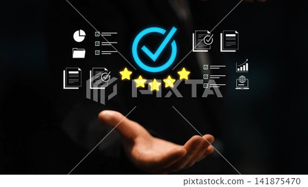 Business success concept with hand reaching for glowing checkmark, checklist, document icons, and five-star rating symbolizing quality assurance and achievement Gluon Business success concept with hand reaching for glowing checkmark, checklist, document icons, and five-star rating symbolizing quality assurance and achievement Gluon 141875470