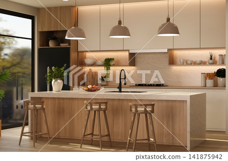 Modern L-shaped kitchen with wood and marble island and view to garden. Modern L-shaped kitchen with wood and marble island and view to garden. 141875942