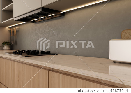 Close up marble kitchen countertop with gas stove and range hood. Close up marble kitchen countertop with gas stove and range hood. 141875944