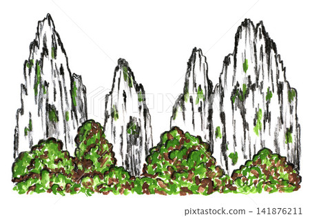 Traditional Chinese East Asian mountain landscape painted with black charcoal pencil and green gouache. Karst white cliffs and trees. Hand drawn illustration for postcards, prints, tourism, travel. Traditional Chinese East Asian mountain landscape painted with black charcoal pencil and green gouache. Karst white cliffs and trees. Hand drawn illustration for postcards, prints, tourism, travel. 141876211