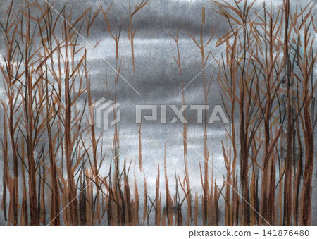 Hand drawn watercolor, ink, gouache natural landscape. Deep, gloomy, dark forest, silhouettes of bare trees. Misty, rainy autumn weather. Gray sky with black clouds. Hand drawn watercolor, ink, gouache natural landscape. Deep, gloomy, dark forest, silhouettes of bare trees. Misty, rainy autumn weather. Gray sky with black clouds. 141876480