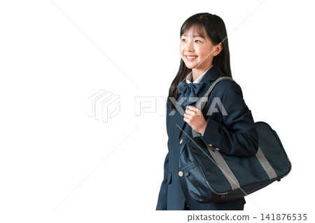 Elementary, middle, and high school girls in school uniforms carrying school bags. Elementary, middle, and high school girls in school uniforms carrying school bags. 141876535