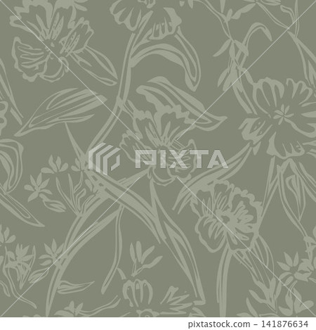 Khaki Green Botanical  Floral seamless pattern design 141876634