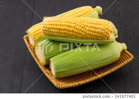 fresh sweet corn cobs with husks arranged on a wooden tray fresh sweet corn cobs with husks arranged on a wooden tray 141877401