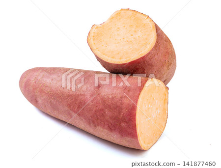 raw red skin sweet potato pile on white background raw red skin sweet potato pile on white background 141877460