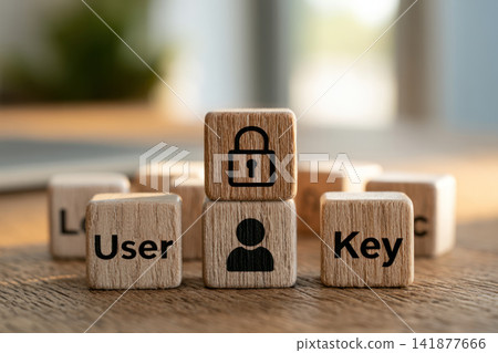 Wooden block lock icon user icon key text data security access control Wooden blocks with lock, user, key icons desk soft natural light Wooden block lock icon user icon key text data security access control Wooden blocks with lock, user, key icons desk soft natural light 141877666