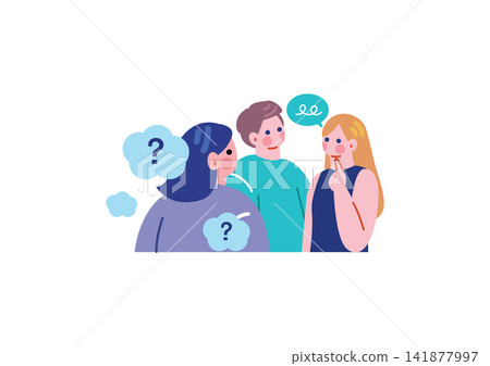 An illustration of a woman listening to a conversation between foreigners. An illustration of a woman listening to a conversation between foreigners. 141877997