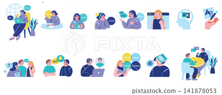 A set of illustrations of people studying English 141878053