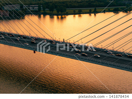 Busy traffic flows across the large cable stayed bridge in Hangzhou Busy traffic flows across the large cable stayed bridge in Hangzhou 141878434