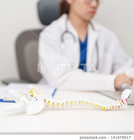 Doctor with human Spine anatomy model. Spinal Cord Disorder and disease, Back pain, Lumbar, Sacral pelvis, Cervical neck, Thoracic, Coccyx, Orthopedist, chiropractic, Office Syndrome and health Doctor with human Spine anatomy model. Spinal Cord Disorder and disease, Back pain, Lumbar, Sacral pelvis, Cervical neck, Thoracic, Coccyx, Orthopedist, chiropractic, Office Syndrome and health 141878917