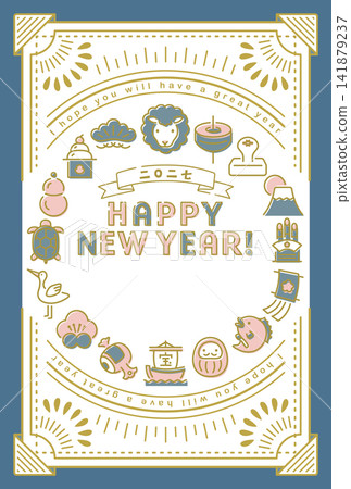 New Year's card template for the Year of the Sheep (2027) featuring retro-modern auspicious icons. New Year's card template for the Year of the Sheep (2027) featuring retro-modern auspicious icons. 141879237