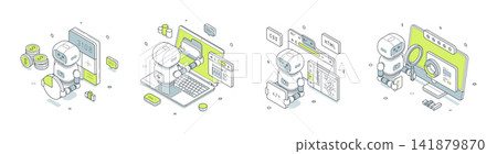 AI Robot For Web Development And Data Analysis Isometric Vector Illustration Set AI Robot For Web Development And Data Analysis Isometric Vector Illustration Set 141879870