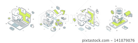 AI Robot For Content Finance And Security Services Isometric Vector Illustration Set AI Robot For Content Finance And Security Services Isometric Vector Illustration Set 141879876