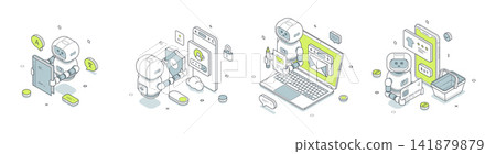 AI For Translation Cybersecurity And E-commerce Isometric Vector Illustration Set 141879879