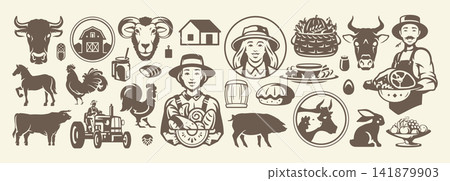 Rustic Agriculture Ranch Badge Set Vector Illustration For Local Organic Food Market Branding Rustic Agriculture Ranch Badge Set Vector Illustration For Local Organic Food Market Branding 141879903