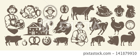 Retro Farming Market Label Emblem Vector Illustration Set For Organic Food Business Branding Retro Farming Market Label Emblem Vector Illustration Set For Organic Food Business Branding 141879910