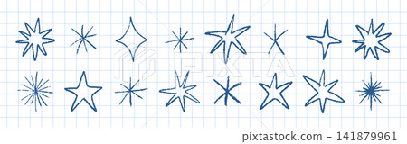 Crayon star icon set. Bright star stickers and firecracker bursts shine. Vector illustrations with grunge textures. Doodle sparkle elements in kids style Crayon star icon set. Bright star stickers and firecracker bursts shine. Vector illustrations with grunge textures. Doodle sparkle elements in kids style 141879961