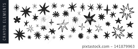 Crayon star icon set. Shine and sparkle vector illustrations. Cute hand drawn starbursts and asterisk. Childish figures for creative scrapbook elements Crayon star icon set. Shine and sparkle vector illustrations. Cute hand drawn starbursts and asterisk. Childish figures for creative scrapbook elements 141879963