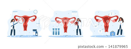 Gynecologist concept. Uterine disorder with internal organ scan. Doctor exam reproductive system diseases. Set of flat vector illustration Gynecologist concept. Uterine disorder with internal organ scan. Doctor exam reproductive system diseases. Set of flat vector illustration 141879965