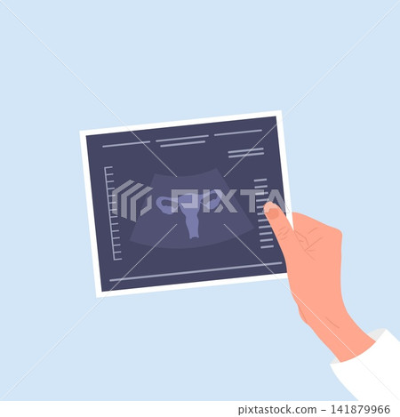 Uterus health. Female hand holding ultrasound result. Medical diagnosis and treatment for uterine diseases, cancer or endometriosis. Vector illustration in flat style Uterus health. Female hand holding ultrasound result. Medical diagnosis and treatment for uterine diseases, cancer or endometriosis. Vector illustration in flat style 141879966